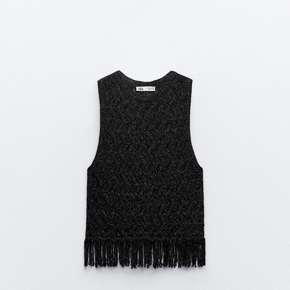 Zara Black Sleeveless Fringed Metallic Top